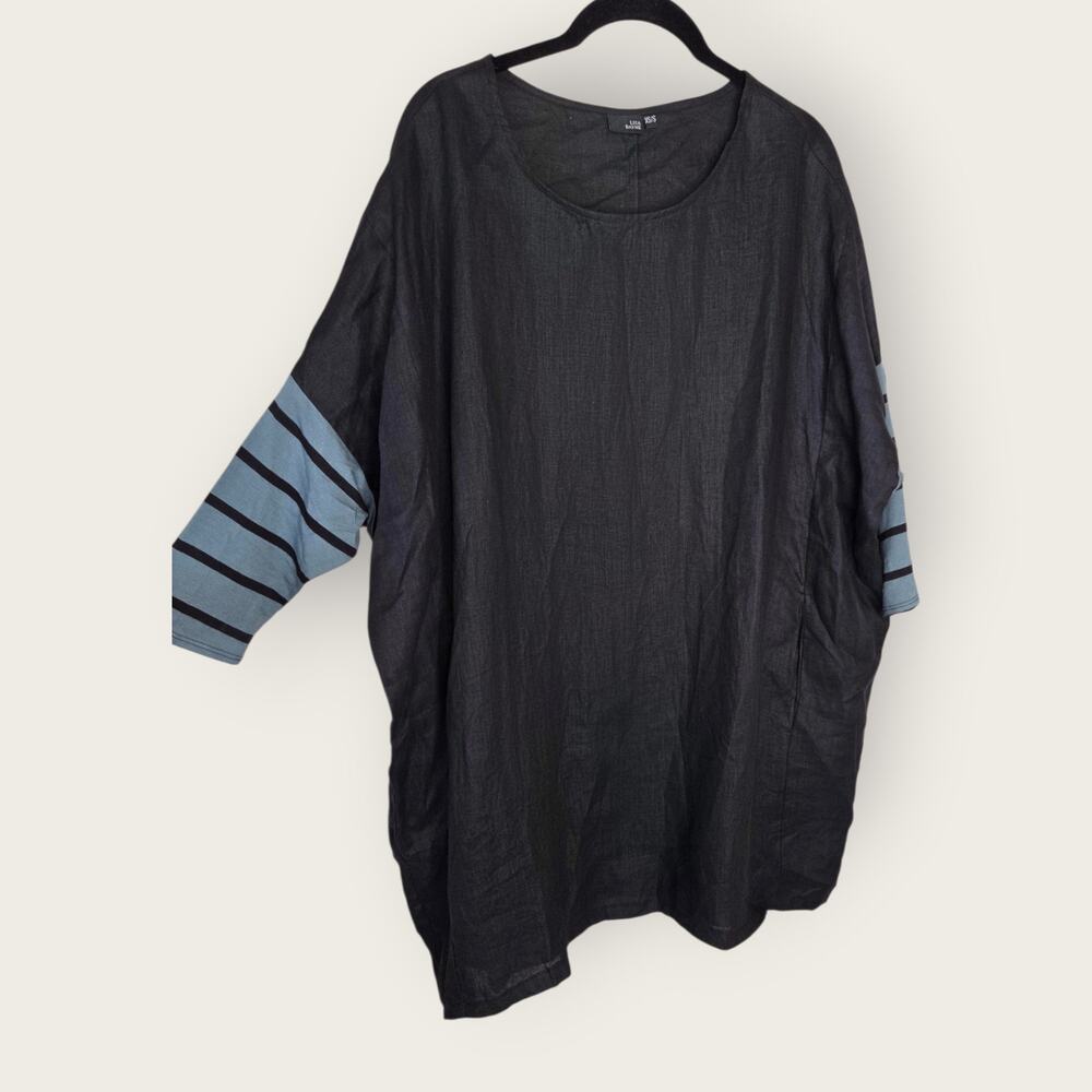 Lisa Bayne Black Linen Tunic Dress Dolman Sleeve Stripe Sleeve Women's XS/S